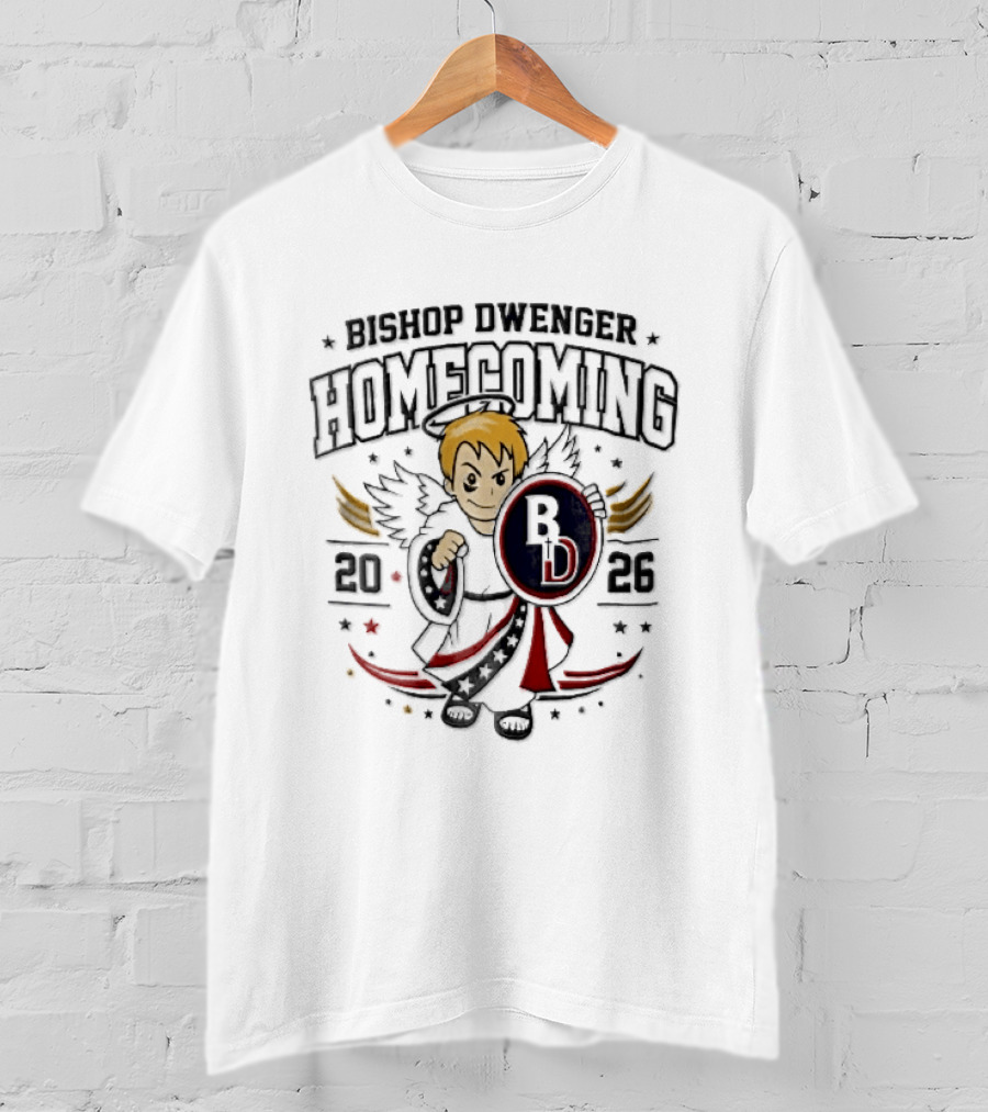 Bishop Dwenger Homecoming 2026 Cartoon Angel Holding Shield Stars 2023 T-Shirt