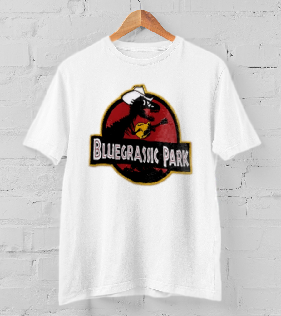 Bluegrassic Park Dinosaur Playing Mandolin Cowboy Hat Jurassic T-Shirt