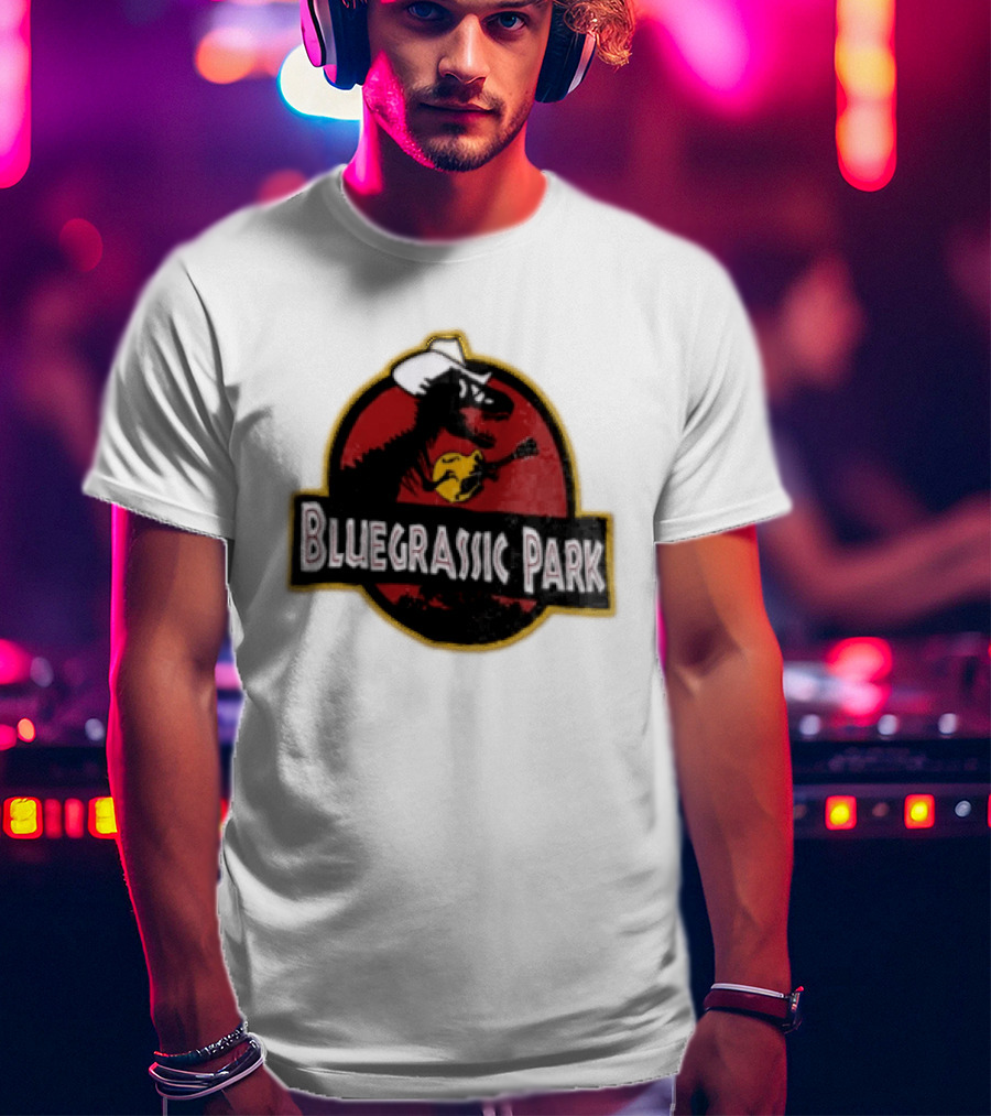 Bluegrassic Park Dinosaur Playing Mandolin Cowboy Hat Jurassic T-Shirt