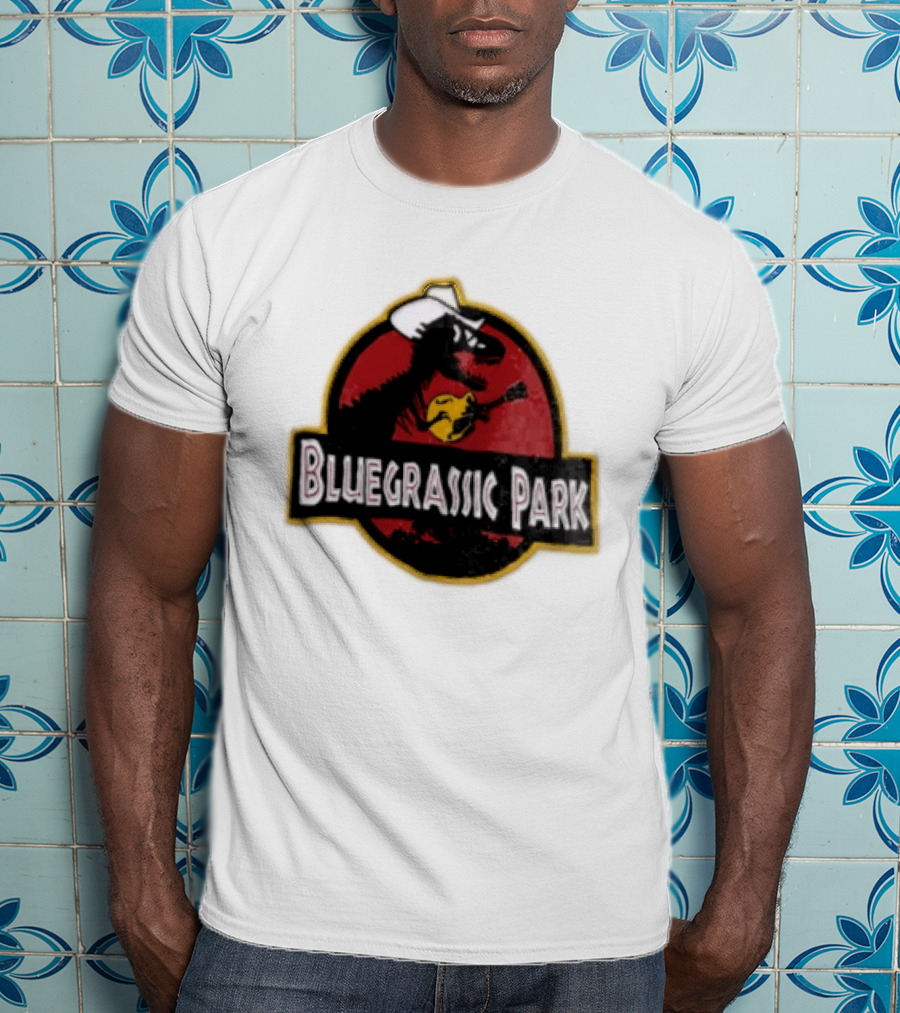Bluegrassic Park Dinosaur Playing Mandolin Cowboy Hat Jurassic T-Shirt