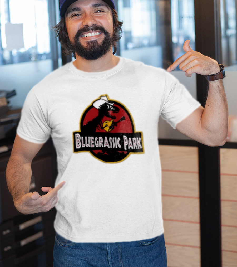 Bluegrassic Park Dinosaur Playing Mandolin Cowboy Hat Jurassic T-Shirt