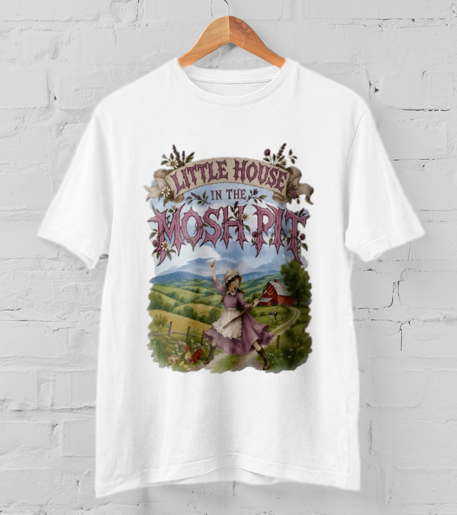 Little House In The Mosh Pit Pioneer Girl Screaming Pitchfork Red Barn Farm Country Scene T-Shirt