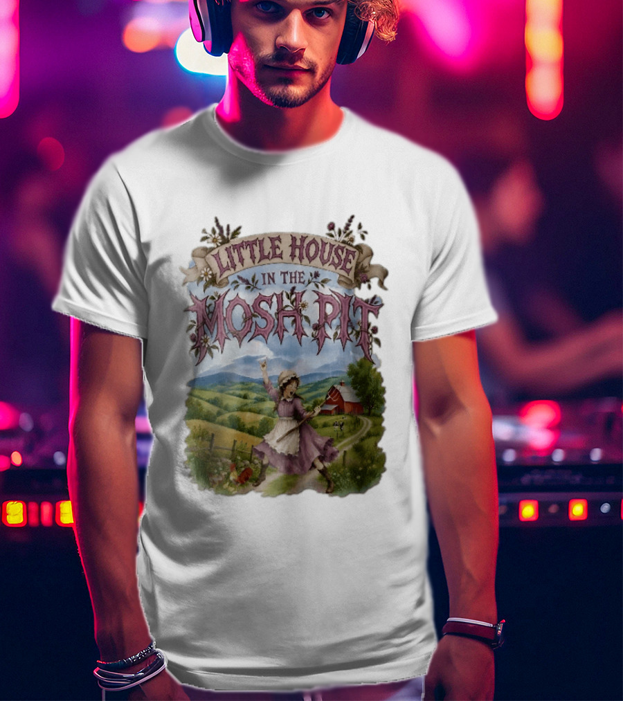 Little House In The Mosh Pit Pioneer Girl Screaming Pitchfork Red Barn Farm Country Scene T-Shirt