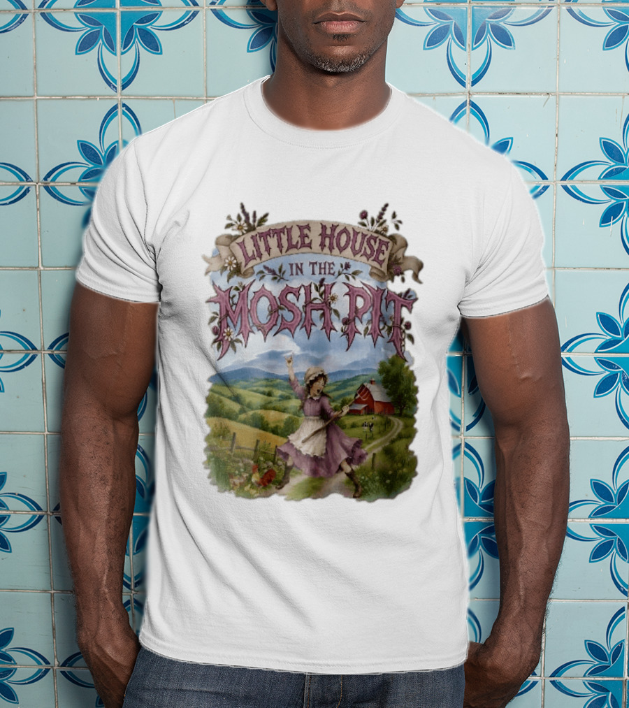 Little House In The Mosh Pit Pioneer Girl Screaming Pitchfork Red Barn Farm Country Scene T-Shirt