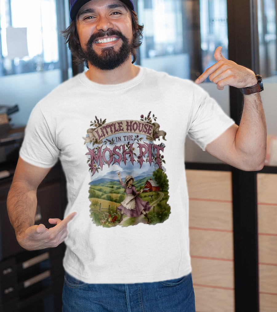Little House In The Mosh Pit Pioneer Girl Screaming Pitchfork Red Barn Farm Country Scene T-Shirt