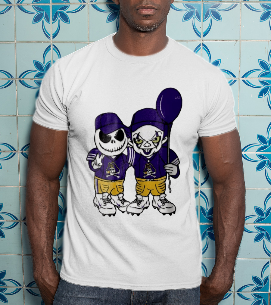 East Carolina Pirates NCAA Jack Skellington Pennywise Clown Purple Balloon T-Shirt
