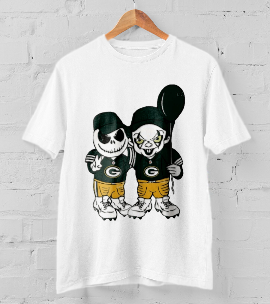 Green Bay Packers Jack Skellington Clown Balloon Cartoon Caricature Duo T-Shirt