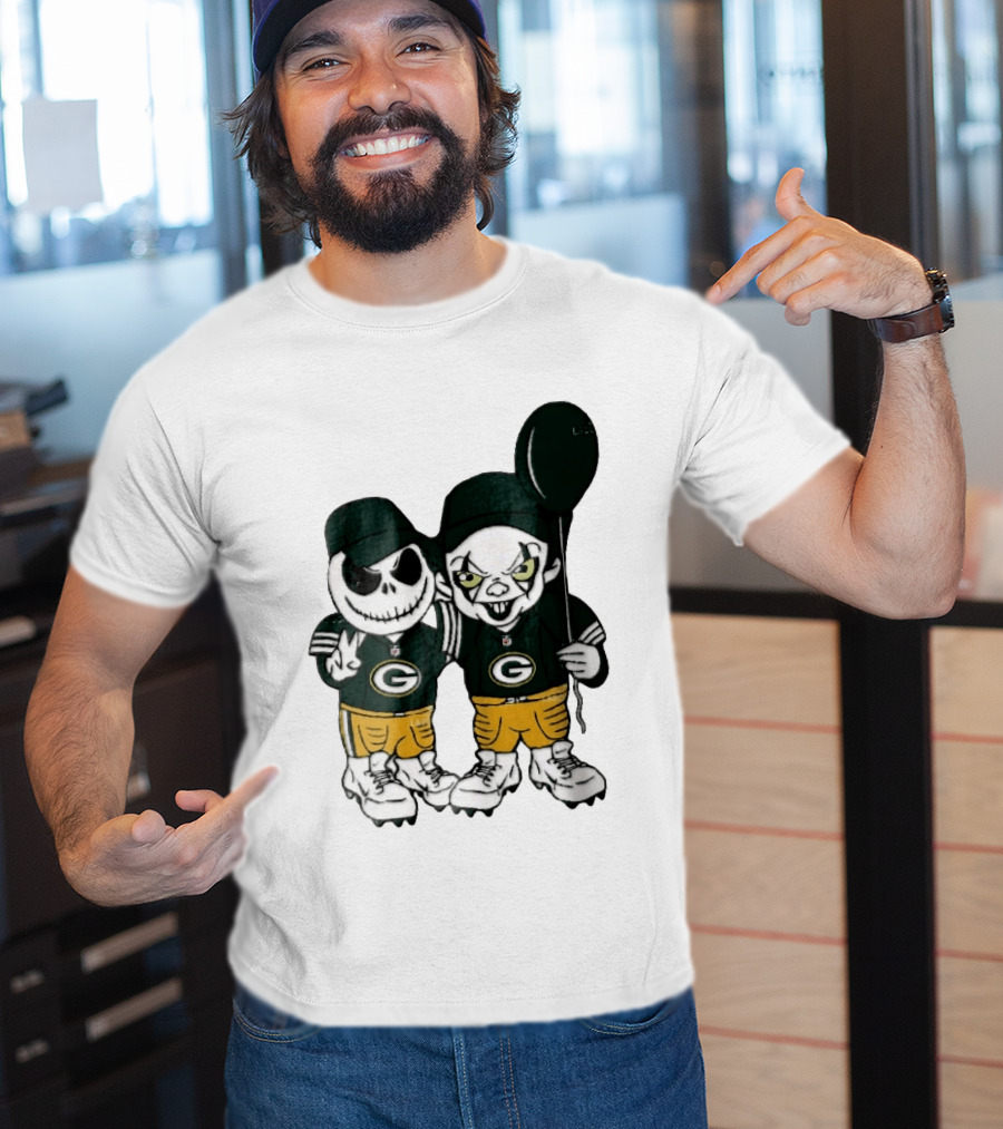 Green Bay Packers Jack Skellington Clown Balloon Cartoon Caricature Duo T-Shirt