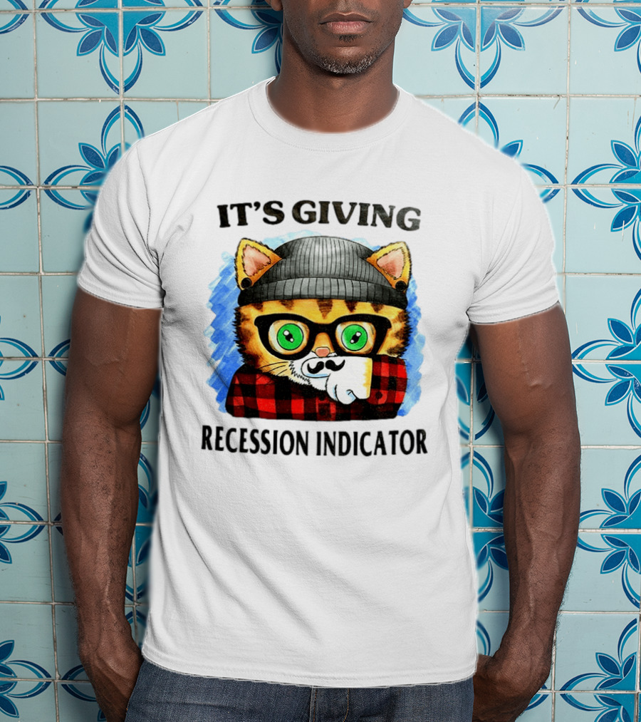 Hipster Cat Glasses Beanie Flannel It's Giving Recession Indicator T-Shirt