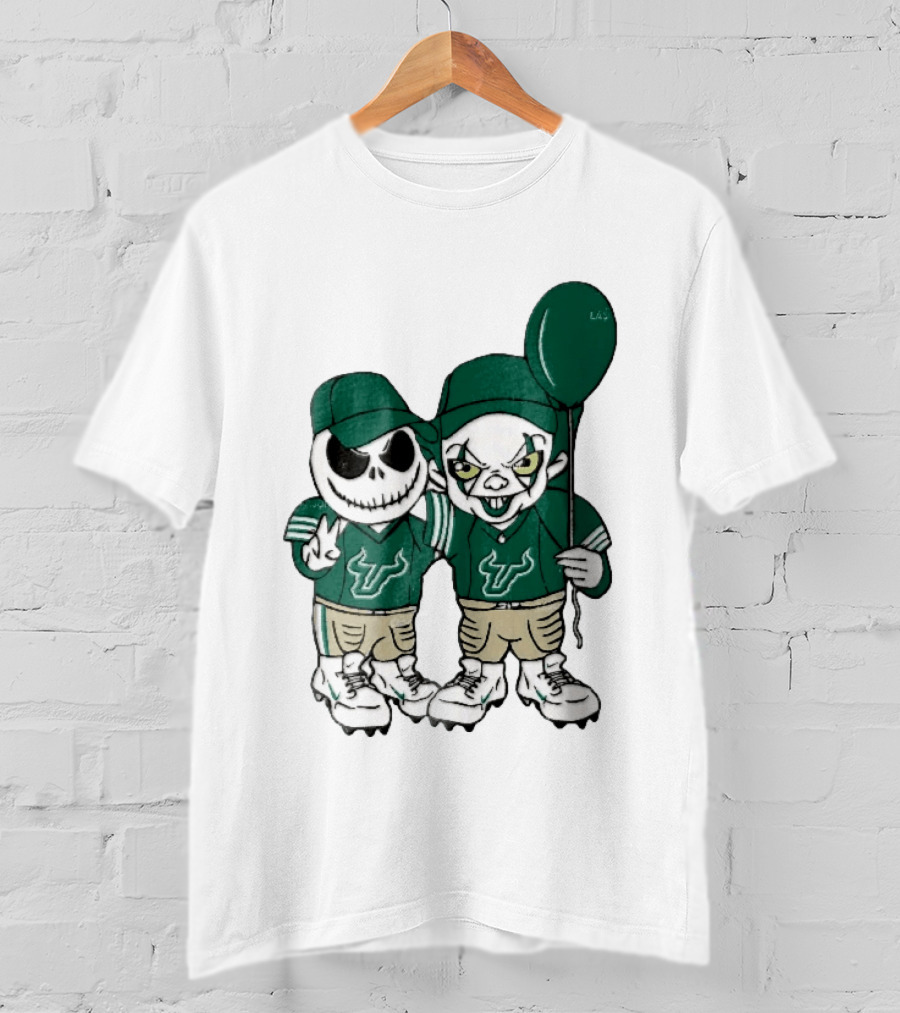 South Florida Bulls Skeleton And Evil Clown With Balloon NCAA Cartoon T-Shirt