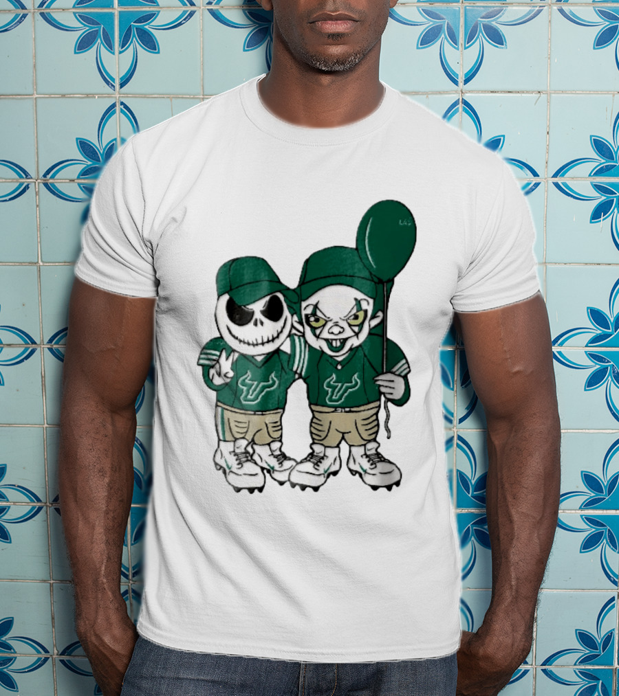 South Florida Bulls Skeleton And Evil Clown With Balloon NCAA Cartoon T-Shirt
