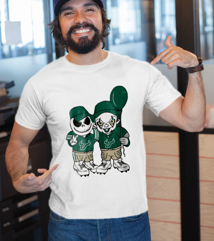 South Florida Bulls Skeleton And Evil Clown With Balloon NCAA Cartoon T-Shirt