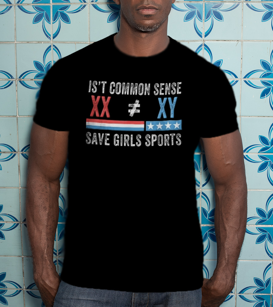 Is Common Sense Xx Xy Save Girls Sports Red And Blue Patriotic Stars Stripes Distressed T-Shirt