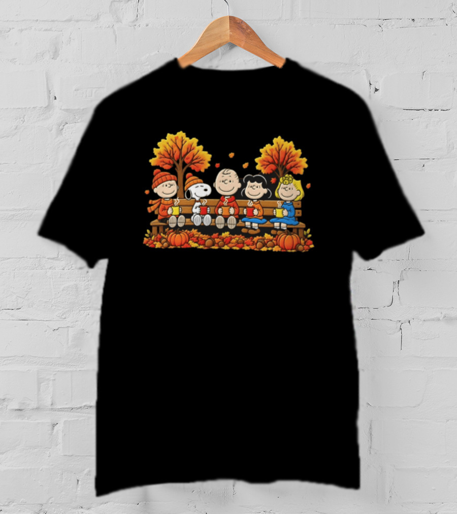Peanuts Autumn Harvest Scene On Bench With Pumpkins And Falling Leaves T-Shirt