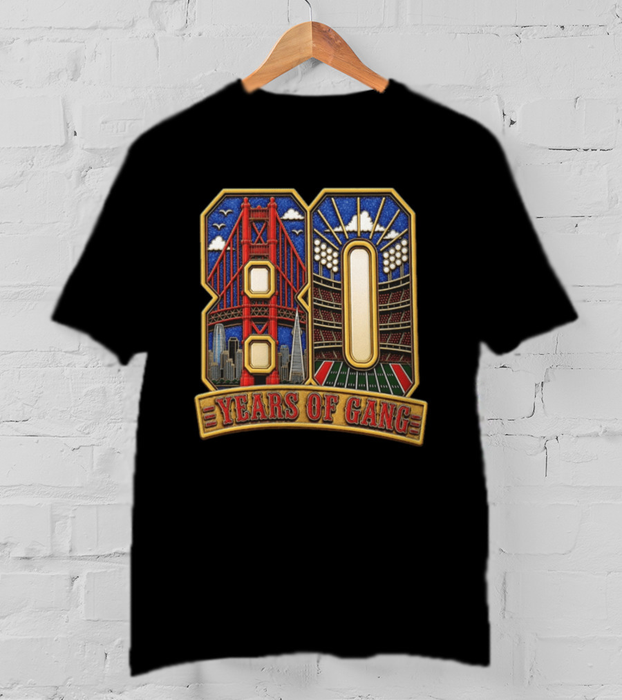 San Francisco 49ers 80 Years Of Gang Bridge And Stadium Celebration T-Shirt