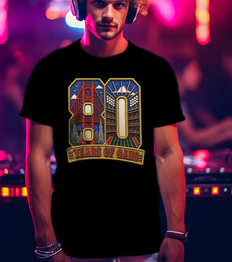 San Francisco 49ers 80 Years Of Gang Bridge And Stadium Celebration T-Shirt