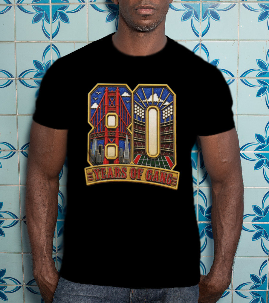 San Francisco 49ers 80 Years Of Gang Bridge And Stadium Celebration T-Shirt