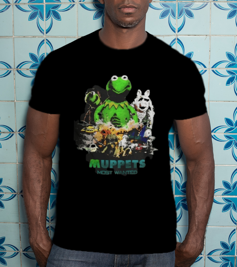 Muppets Most Wanted Kermit Frog Miss Piggy Explosion Helicopter Collage T-Shirt
