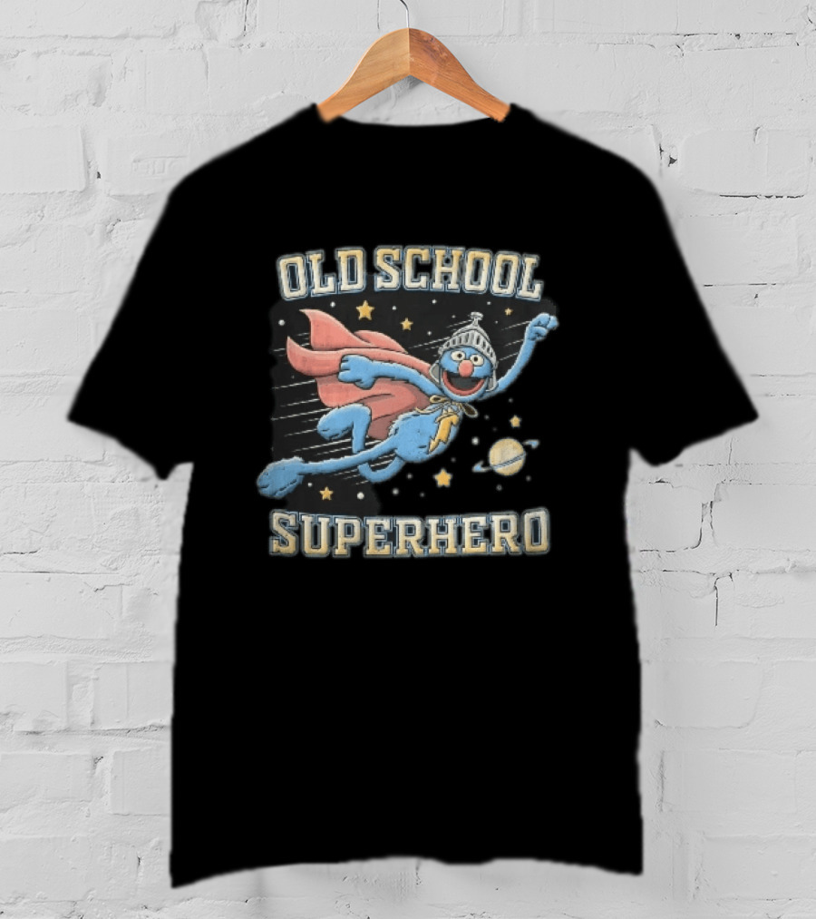 Old School Superhero Distressed Cartoon Super Grover Flying Outer Space Stars Planet T-Shirt