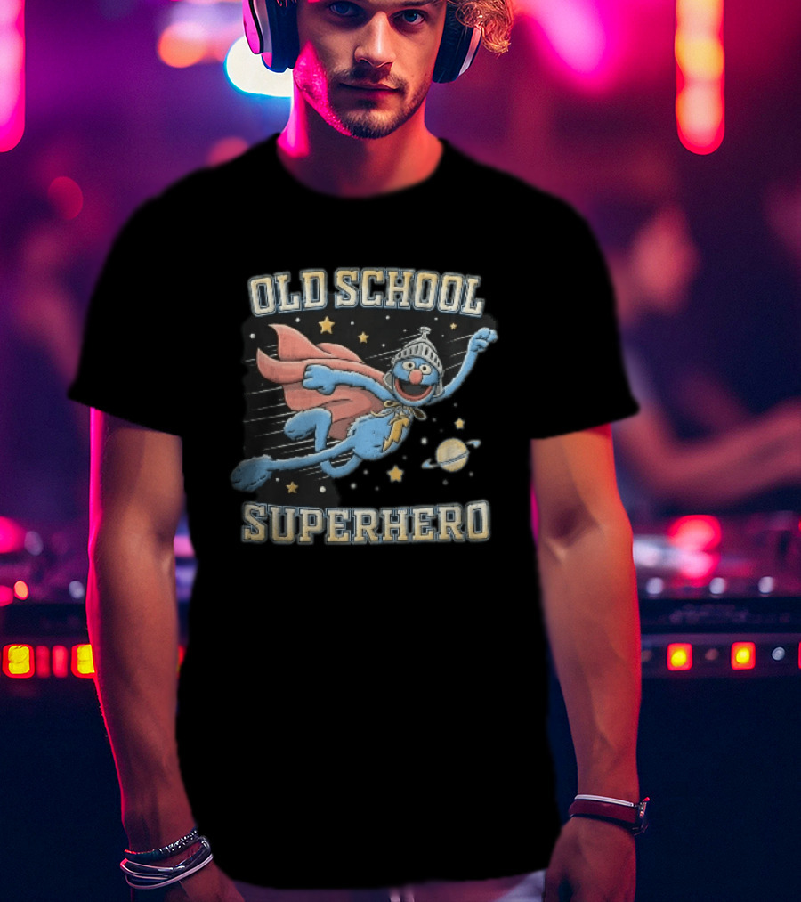 Old School Superhero Distressed Cartoon Super Grover Flying Outer Space Stars Planet T-Shirt