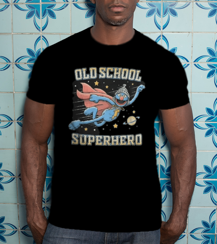 Old School Superhero Distressed Cartoon Super Grover Flying Outer Space Stars Planet T-Shirt