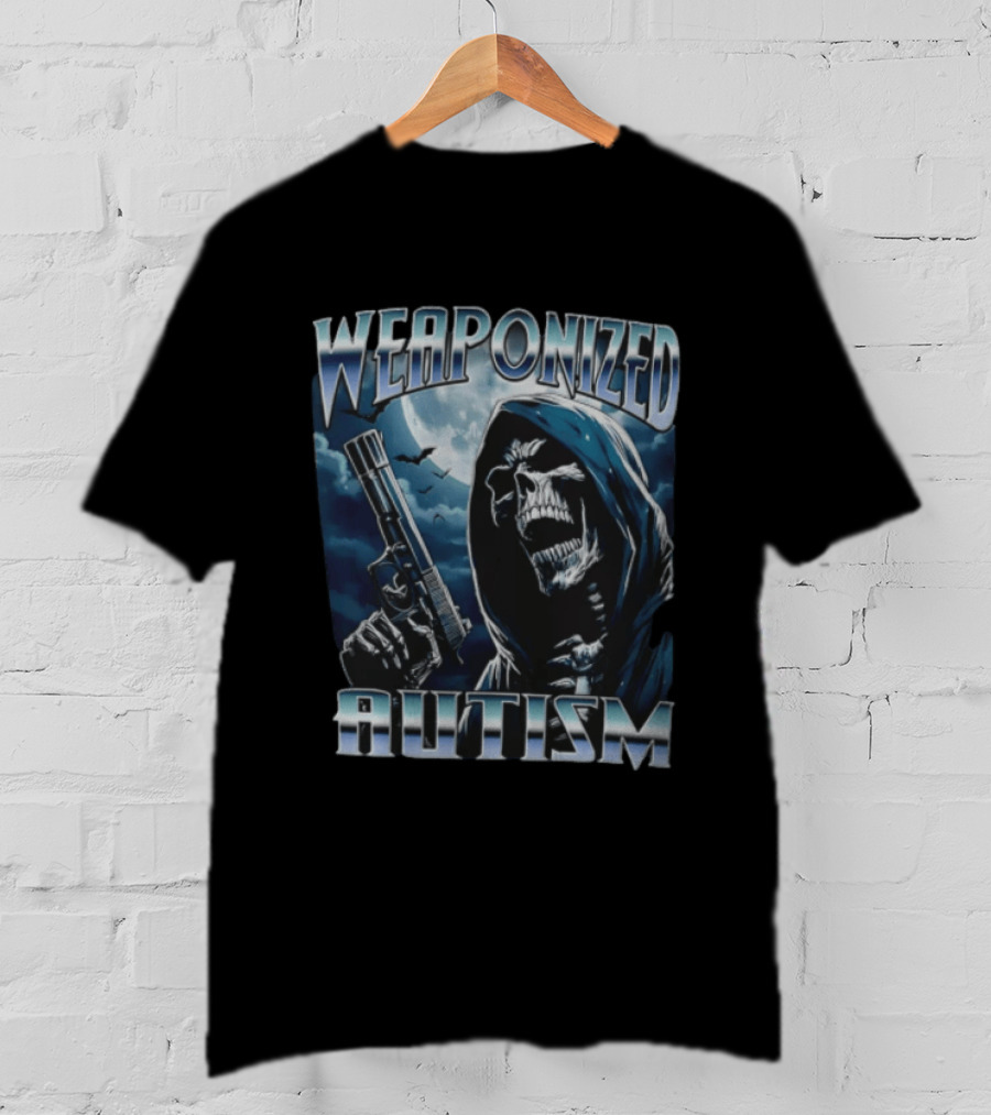 Weaponized Autism Skeleton With Gun Under Moonlight T-Shirt