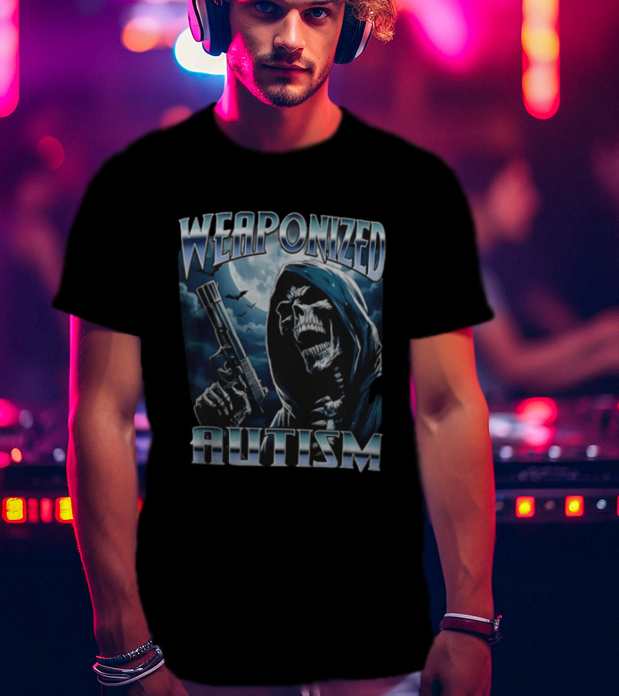 Weaponized Autism Skeleton With Gun Under Moonlight T-Shirt