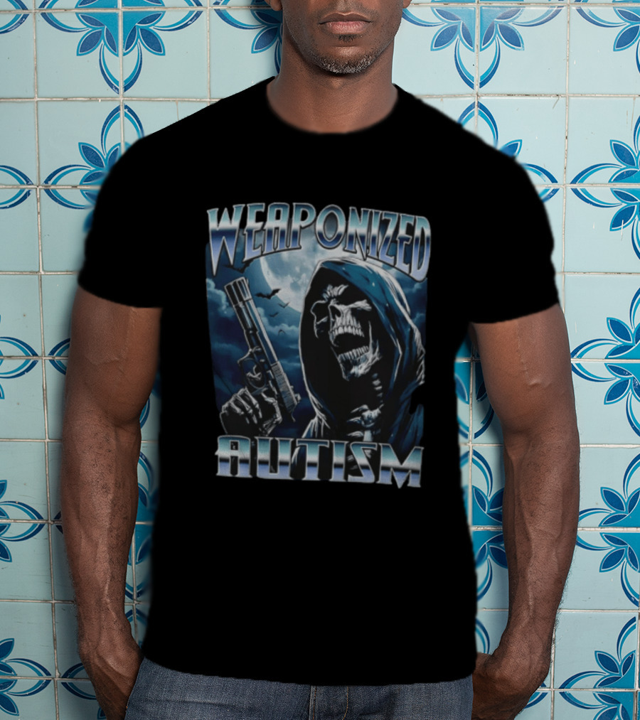 Weaponized Autism Skeleton With Gun Under Moonlight T-Shirt