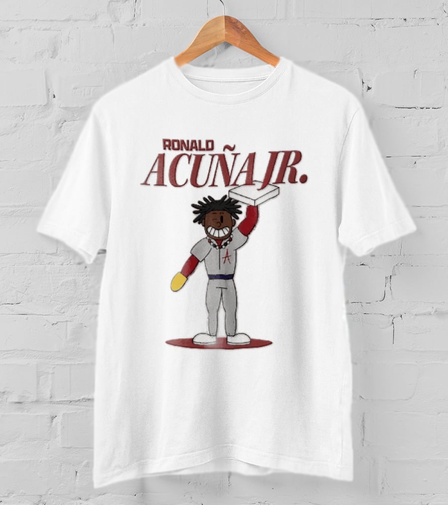 Ronald Acuna Jr Cartoon Caricature Holding Baseball Base Atlanta Braves MLB T-Shirt