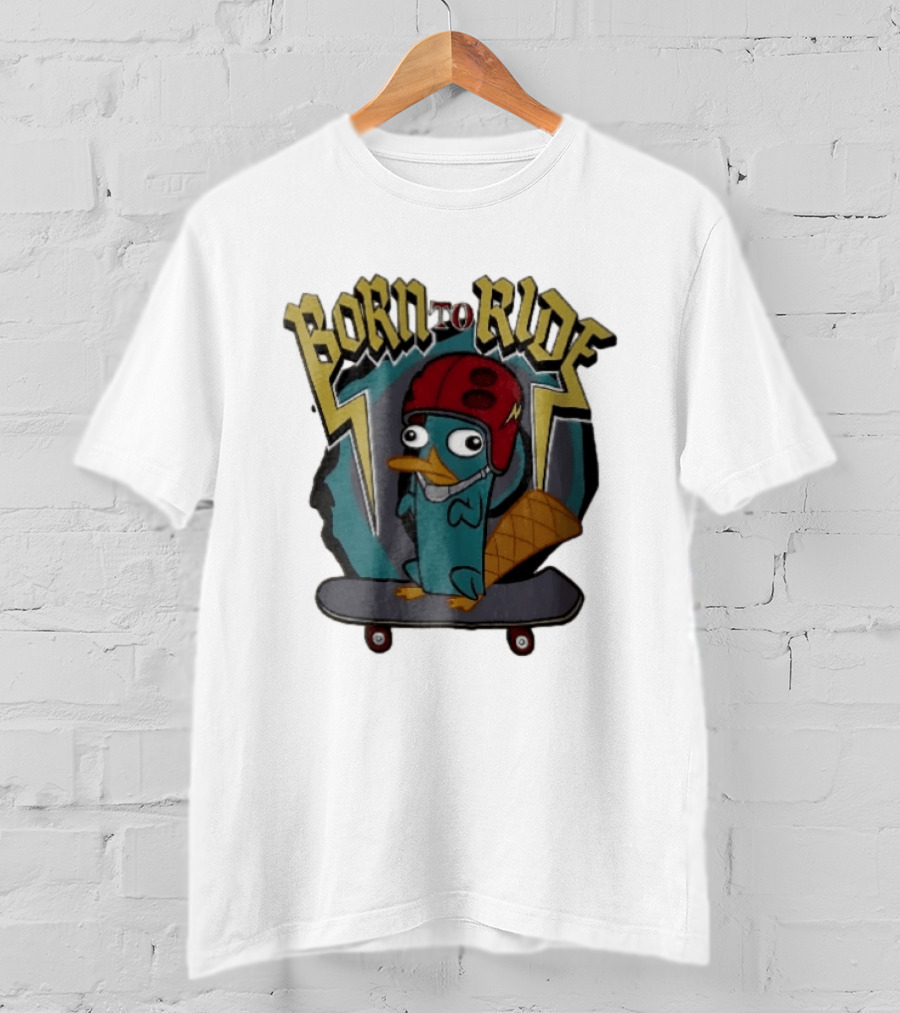Born To Ride Cartoon Platypus Red Helmet Skateboard T-Shirt