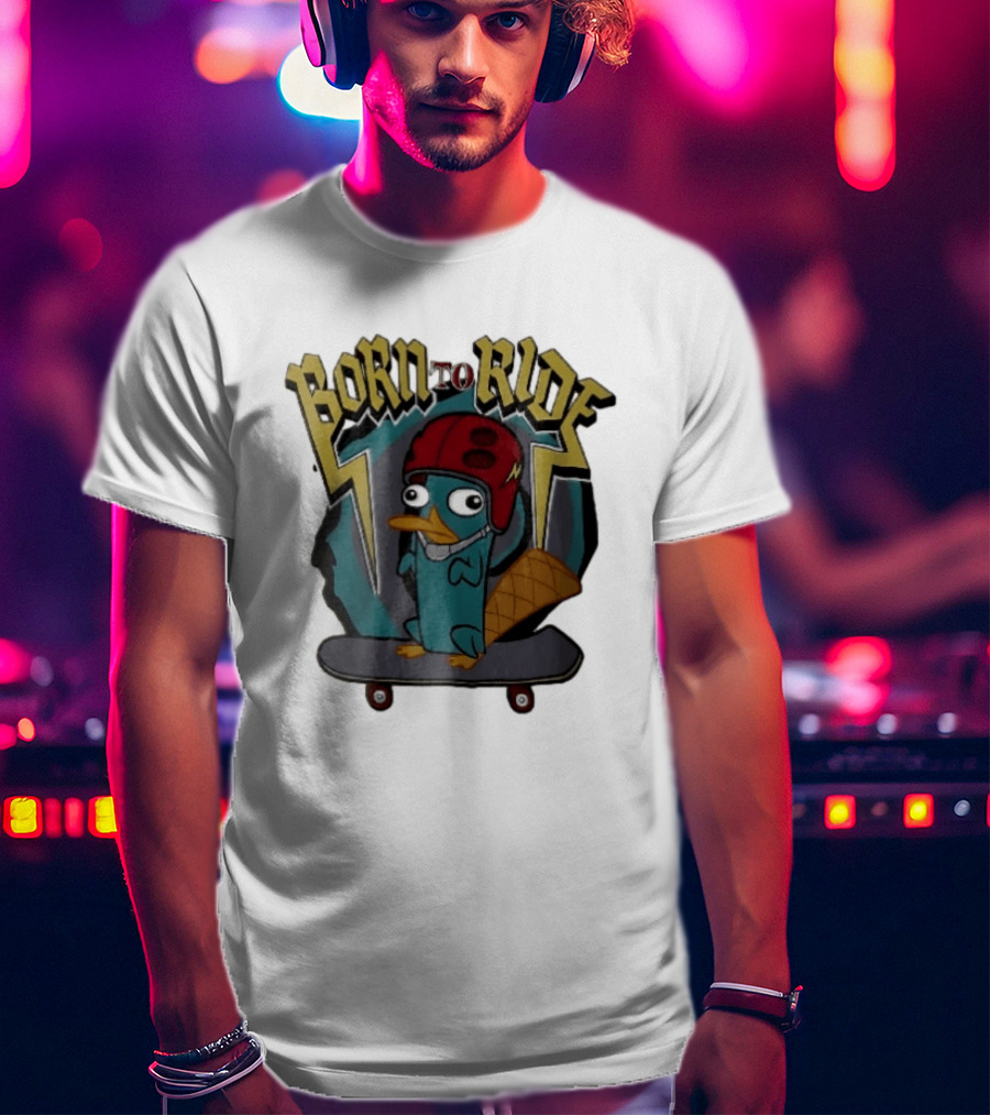 Born To Ride Cartoon Platypus Red Helmet Skateboard T-Shirt