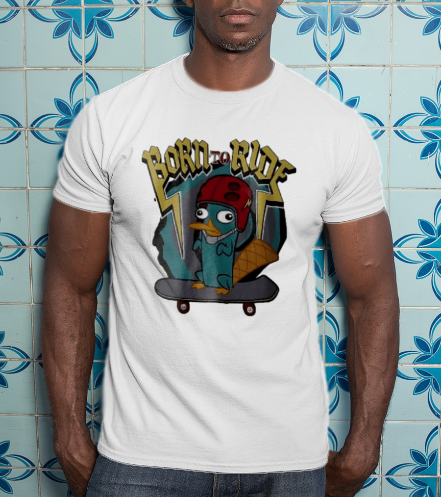 Born To Ride Cartoon Platypus Red Helmet Skateboard T-Shirt