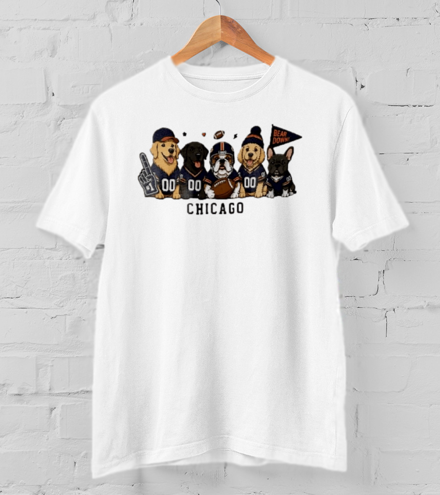Chicago Bears Bear Down Five Cartoon Dogs In Football Jerseys With Flag And Foam Finger T-Shirt