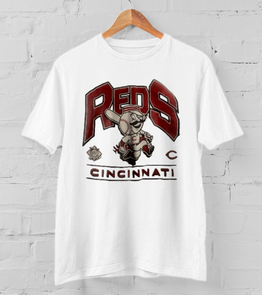 Cincinnati Reds Cartoon Running Bat Mascot Vintage MLB Fan Gear T-Shirt