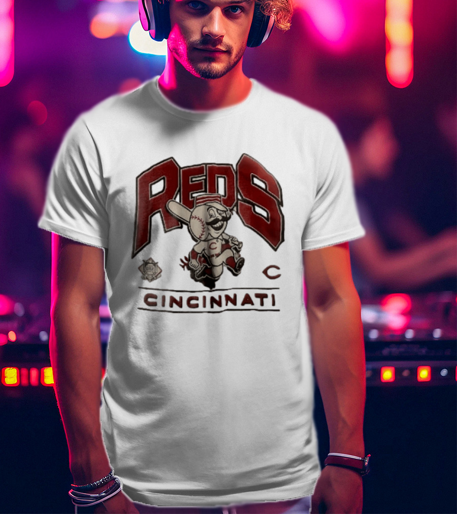 Cincinnati Reds Cartoon Running Bat Mascot Vintage MLB Fan Gear T-Shirt