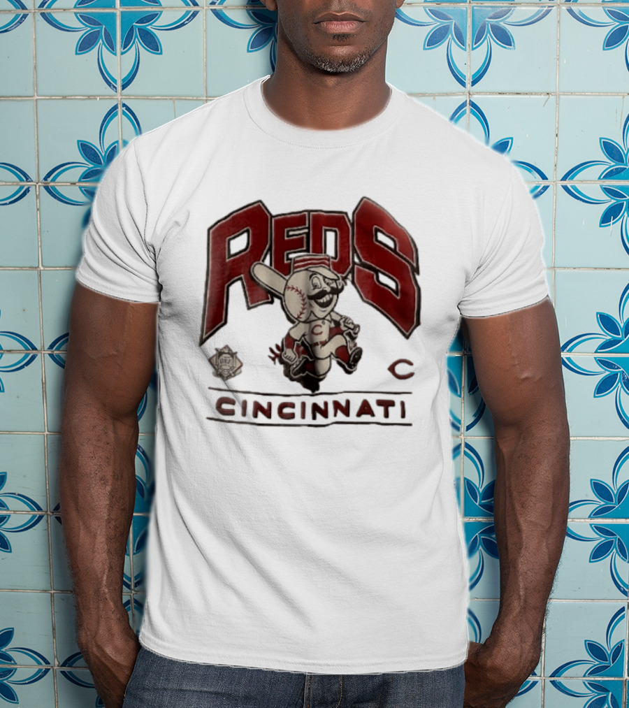 Cincinnati Reds Cartoon Running Bat Mascot Vintage MLB Fan Gear T-Shirt