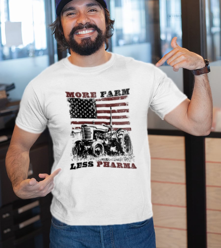 More Farm Less Pharma Distressed American Flag Tractor T-Shirt
