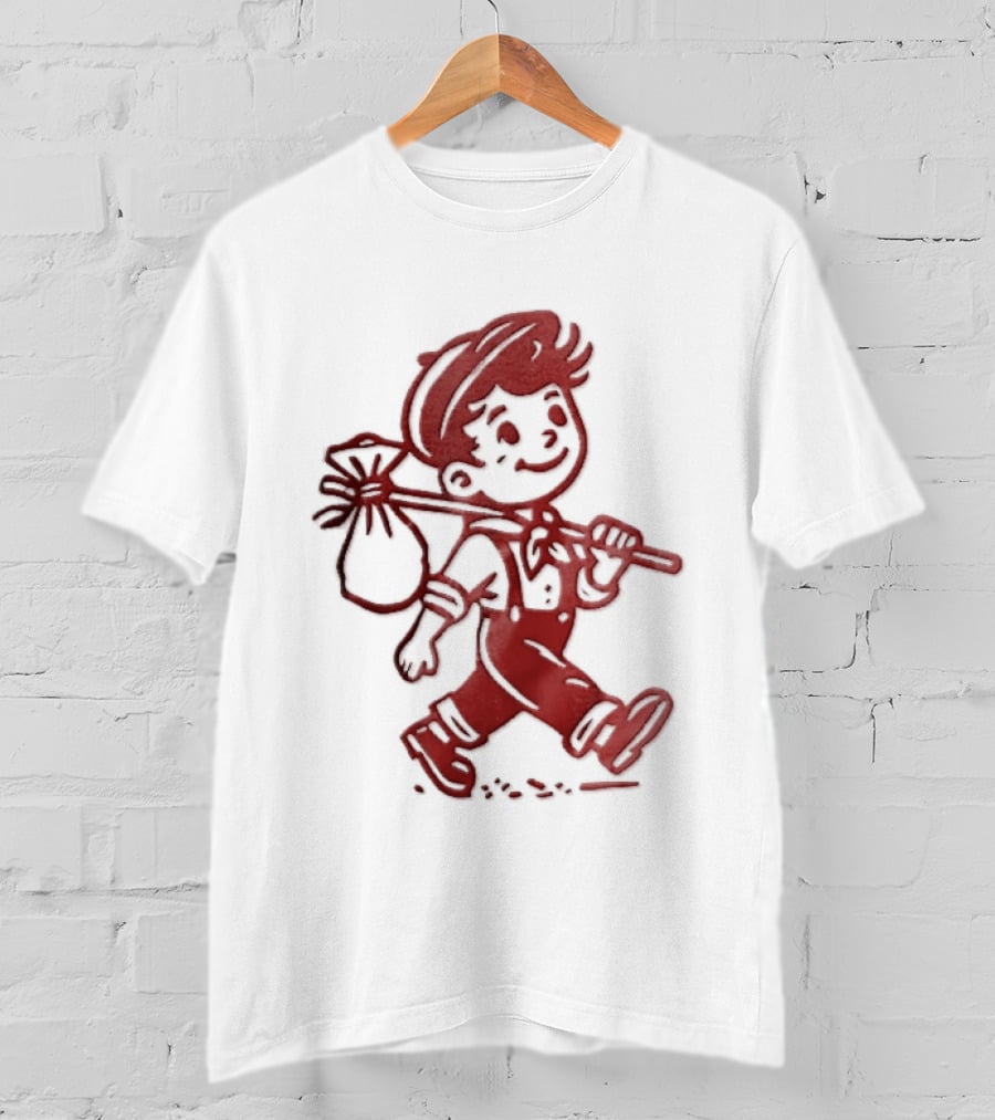 Red Line Cartoon Boy With Bindle Knapsack Stick Drawing T-Shirt