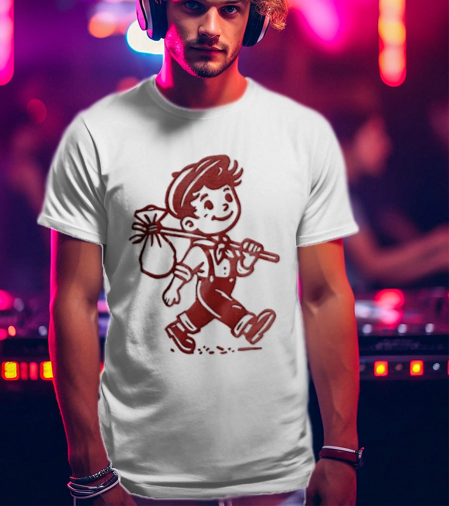 Red Line Cartoon Boy With Bindle Knapsack Stick Drawing T-Shirt