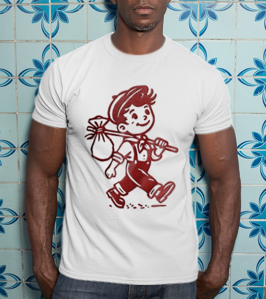 Red Line Cartoon Boy With Bindle Knapsack Stick Drawing T-Shirt