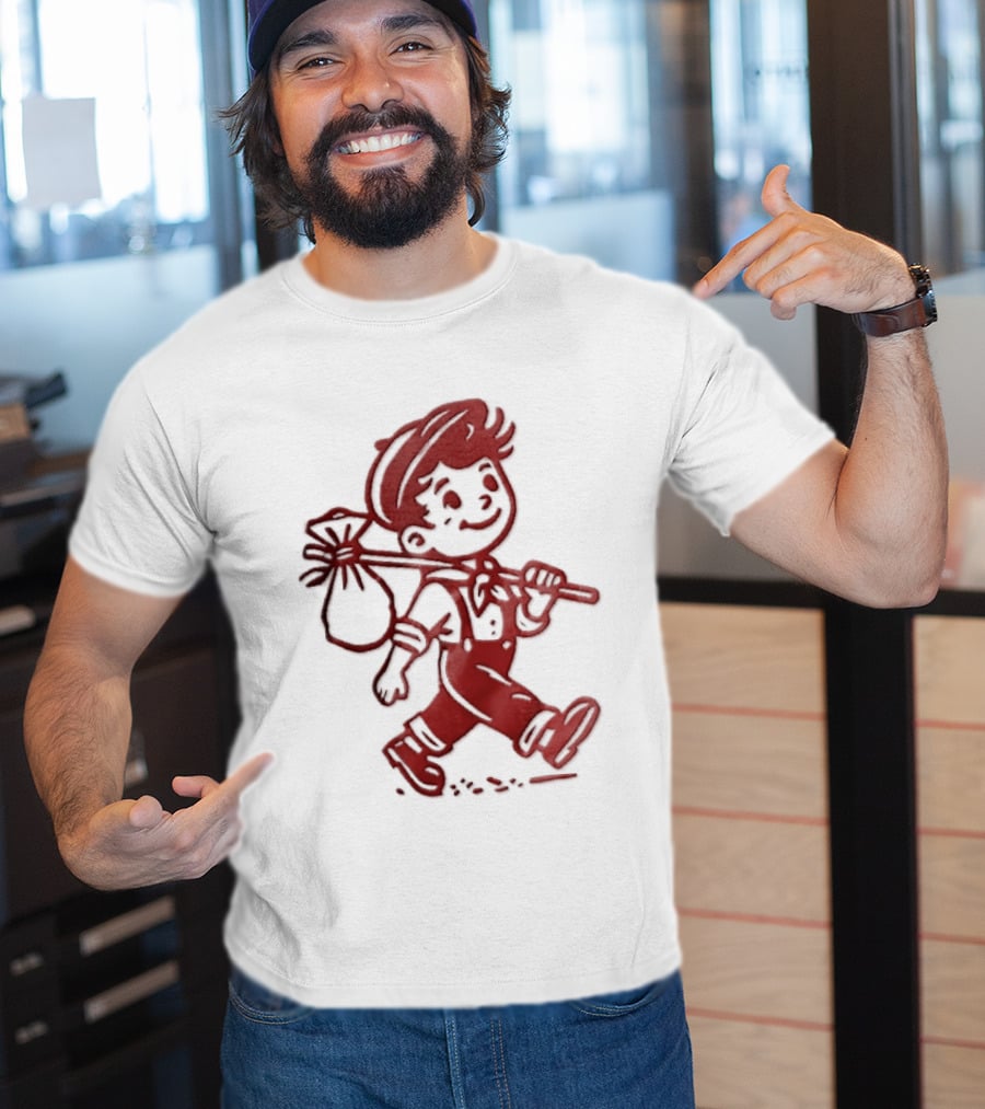 Red Line Cartoon Boy With Bindle Knapsack Stick Drawing T-Shirt