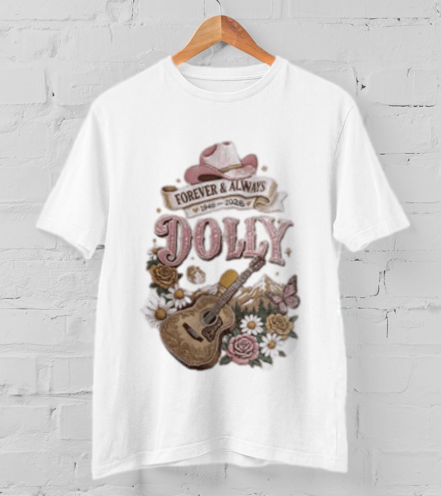 Forever & Always Dolly 1946 2026 Cowboy Hat Guitar Flowers Butterfly T-Shirt