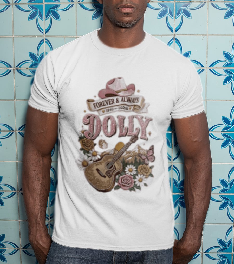 Forever & Always Dolly 1946 2026 Cowboy Hat Guitar Flowers Butterfly T-Shirt