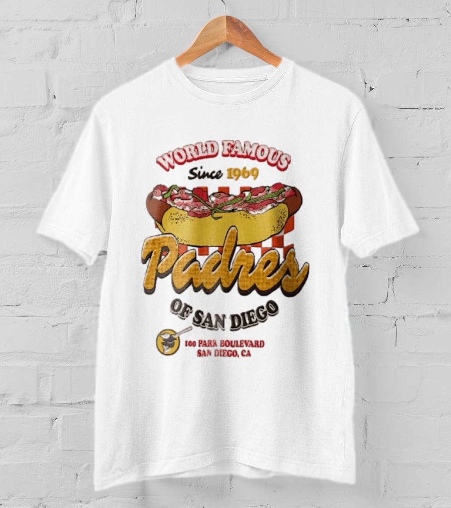 World Famous Padres Of San Diego Since 1969 Halftone Hot Dog 100 Park Boulevard CA T-Shirt
