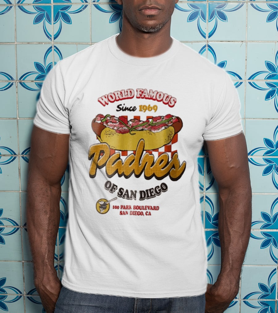 World Famous Padres Of San Diego Since 1969 Halftone Hot Dog 100 Park Boulevard CA T-Shirt