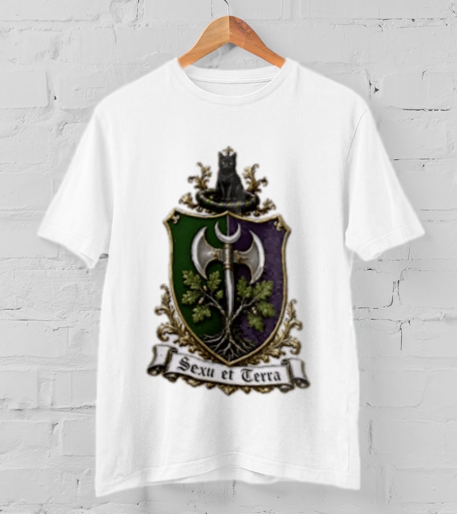 Sexu Et Terra Green Purple Shield Black Cat Axe And Tree Crest T-Shirt