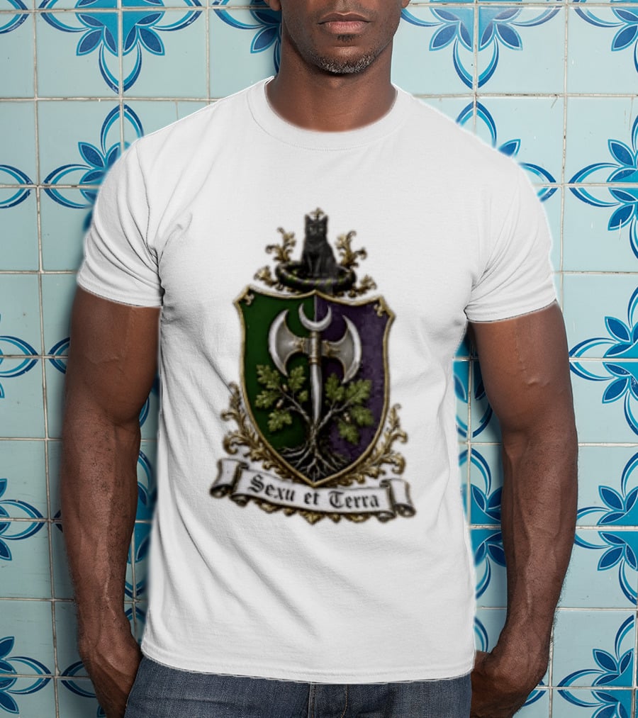 Sexu Et Terra Green Purple Shield Black Cat Axe And Tree Crest T-Shirt