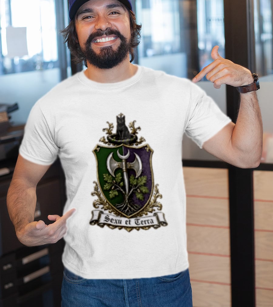 Sexu Et Terra Green Purple Shield Black Cat Axe And Tree Crest T-Shirt