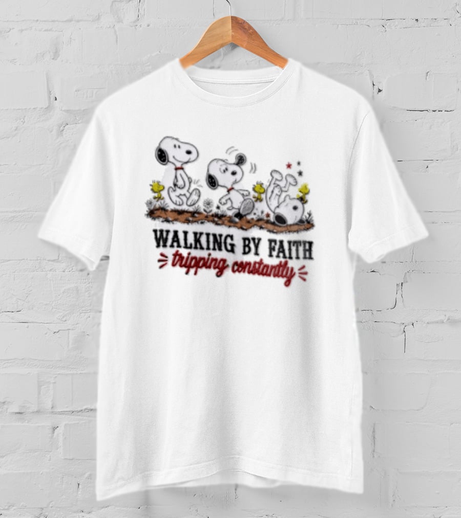 Snoopy Walking By Faith Tripping Constantly With Woodstock Friends T-Shirt
