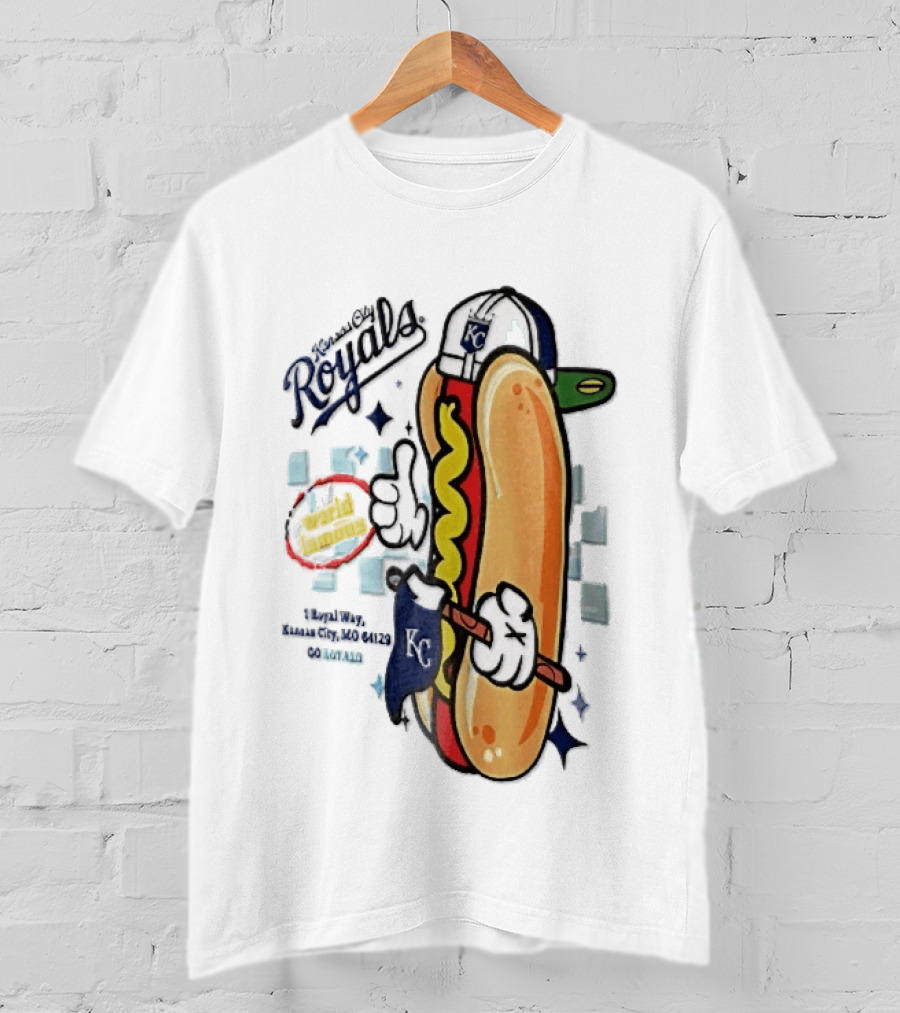 Kansas City Royals World Famous 1 Royal Way Mo 64129 Cartoon Hot Dog KC Cap T-Shirt